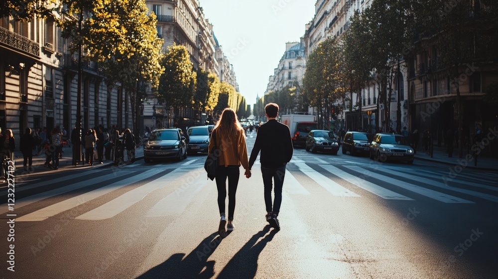 Romantic tourists holding hands are walking down a parisian street at sunset, with cars parked and driving on each side and pedestrians on sidewalks Romantic tourists holding hands are walking down a parisian street at sunset, with cars parked and driving on each side and pedestrians on sidewalks