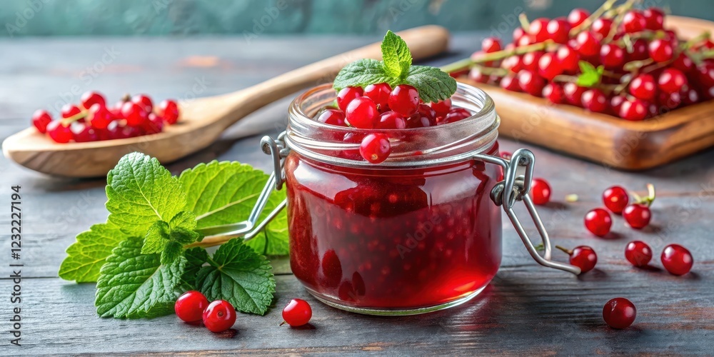 Glass jar filled with vibrant red currant jam and a sprig of fresh mint leaves , food, homemade, food, homemade Glass jar filled with vibrant red currant jam and a sprig of fresh mint leaves , food, homemade, food, homemade