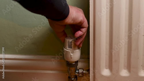 Thermostatic radiator valve. Increasing price for heat gas bills. Men's hand rotating the knob