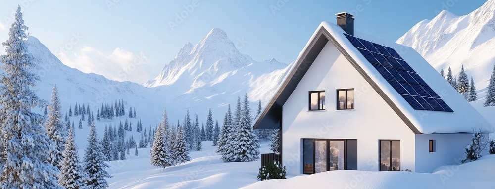 Fototapeta premium Sleek house featuring solar panels sits amidst a snowy setting at dusk, showcasing modern design and eco-friendly living
