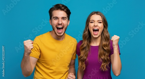 Excited Couple Celebrating Success Against Vibrant Blue Background - Perfect for Marketing and Promotional Materials.
