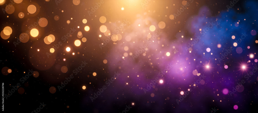 Obraz premium Abstract background with golden bokeh lights and purple-blue nebula, glowing particles, festive atmosphere, celebrations, holidays, magical themes, event