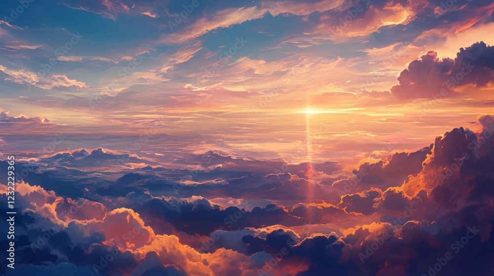 Beautiful Sunrise in a Cloudy Sky with Rays of Light Piercing Through a Vibrant Colorful Horizon Over Rolling Clouds Beautiful Sunrise in a Cloudy Sky with Rays of Light Piercing Through a Vibrant Colorful Horizon Over Rolling Clouds