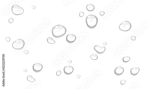 Vector water drop, drops, droplets. PNG drops, condensation on glass, on various surfaces. Realistic drops on a transparent background. Rain and dew.