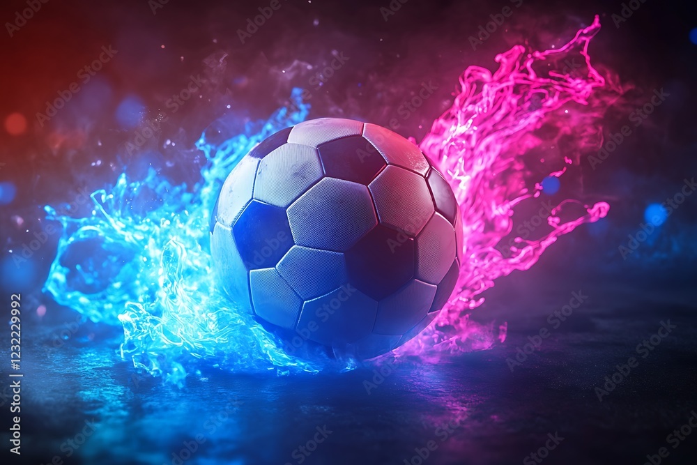 Fototapeta premium Soccer ball surrounded by blue and pink flames in a dramatic lighting setup.