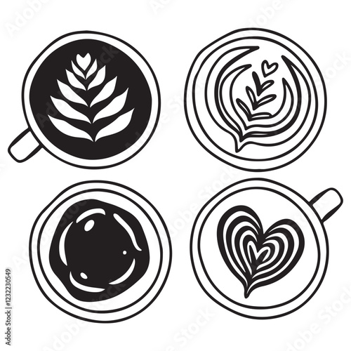 Hot coffee menu. Front view. Latte, cappuccino, americano, espresso, mocha, cocoa. Vector illustration.