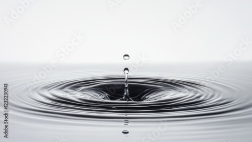 Water drop impact creating ripples calm surface high-resolution image minimalist style close-up nature concept
