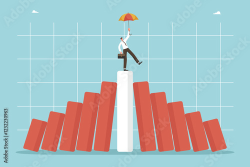 Hold positions during downturn in market activity, strategy for further action during the economic crisis, doing business during economic instability, man with umbrella stays on top of falling chart.