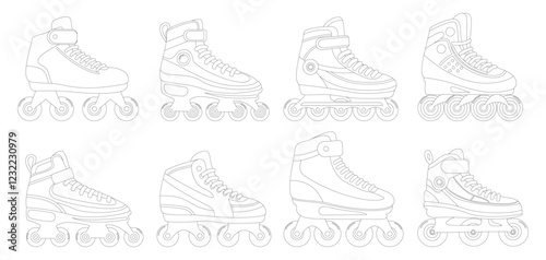 Collection of coloring book of modern design roller skate. Simple cartoon vector illustration of wheels kid sport shoes. Sport or casual inline skates isolated on white background.