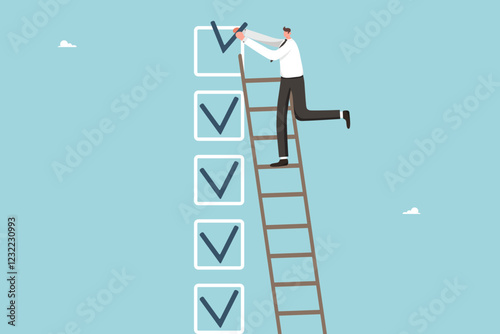 Time management and business scheduling, successful completion of tasks and assignments, making business decisions, follow work schedule, rational thinking, man puts check mark in icon.