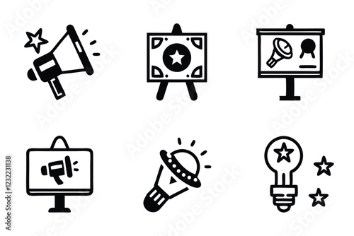 Editable line icons depicting various advertising campaign strategies, including marketing, social media, and branding elements.  Perfect for presentations and website design.