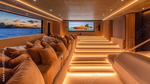 Luxury yacht sunset cinema, ocean view, onboard entertainment