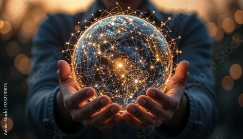 Businessman hold global business globe with network connected to digital marketing strategy and creative solution. Business development technology to support creativity connectivity internet worldwide