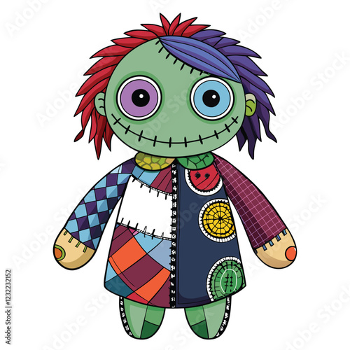 Create a photorealistic image of a handmade ragdoll, showcasing intricate fabric texture and stitching details.  Emphasis on high-resolution, detailed rendering.