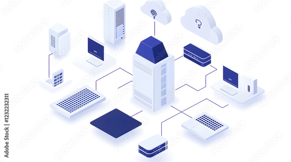 A cloud network seamlessly integrated with IoT devices, showing real-time data flow between cloud servers and connected smart devices A cloud network seamlessly integrated with IoT devices, showing real-time data flow between cloud servers and connected smart devices