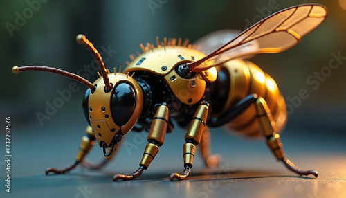 Mechanical bee pollinator with gold and black metallic parts against blurred background