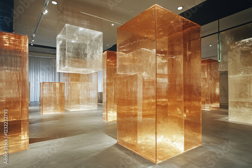a contemporary art installation featuring transparent and translucent cubes of varying sizes.  