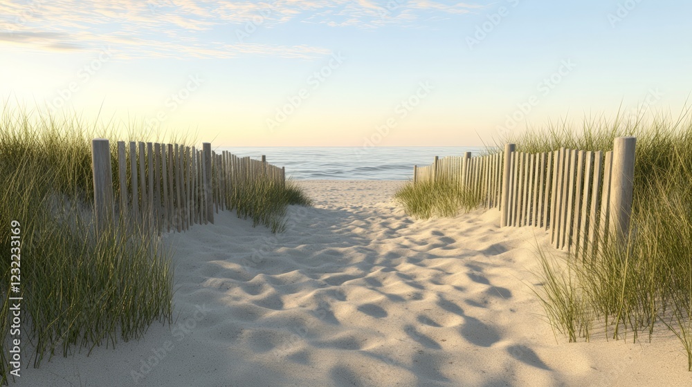 Pathway leading through lush dune grass and wooden fences, guiding the way to a tranquil beach at sunset, creating a serene and idyllic summer landscape