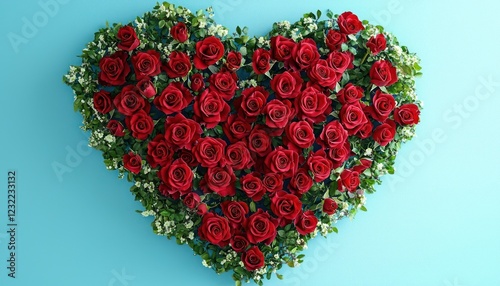 Artistic flat lay of red roses arranged in a large heart on a pastel blue background for special occasions, providing ample copy space.