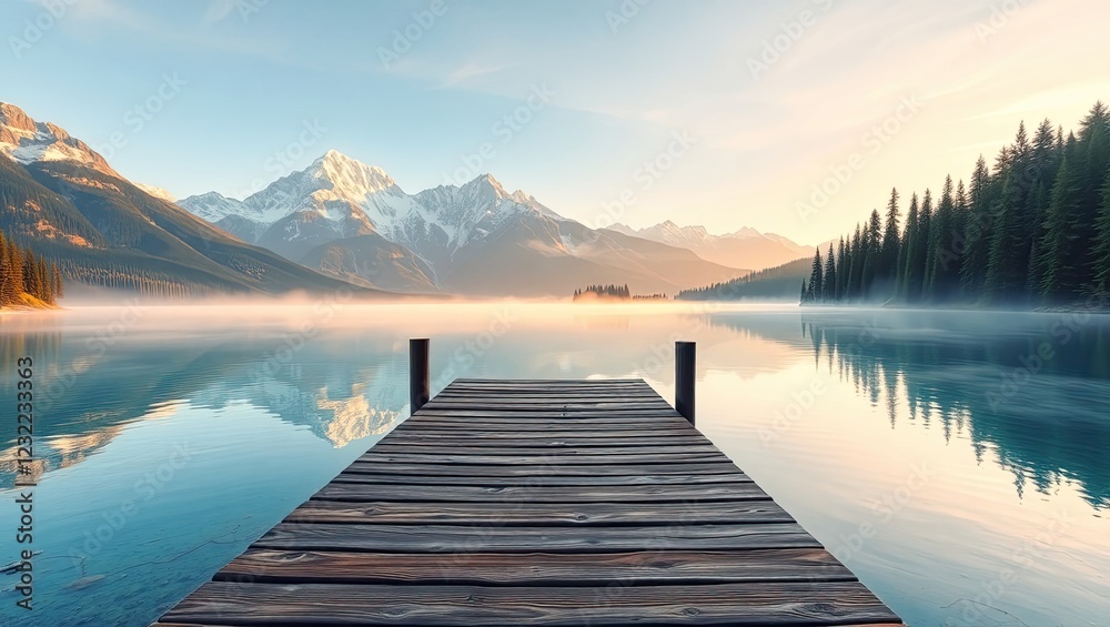 Naklejka premium On The Wooden Jetty at the Serene Mountain Lake. Ideal for desktop wallpaper or background.