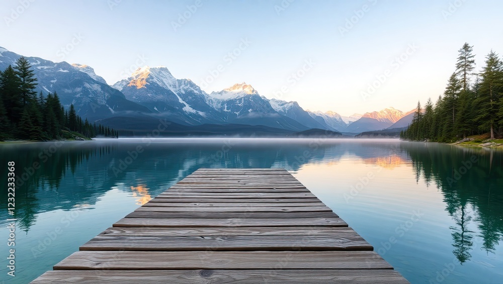 On The Wooden Jetty at the Serene Mountain Lake. Ideal for desktop wallpaper or background. On The Wooden Jetty at the Serene Mountain Lake. Ideal for desktop wallpaper or background.