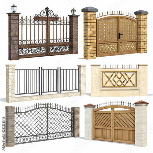 Various styles of gates include ornamental, rustic, modern, sliding, and wrought iron designs photo