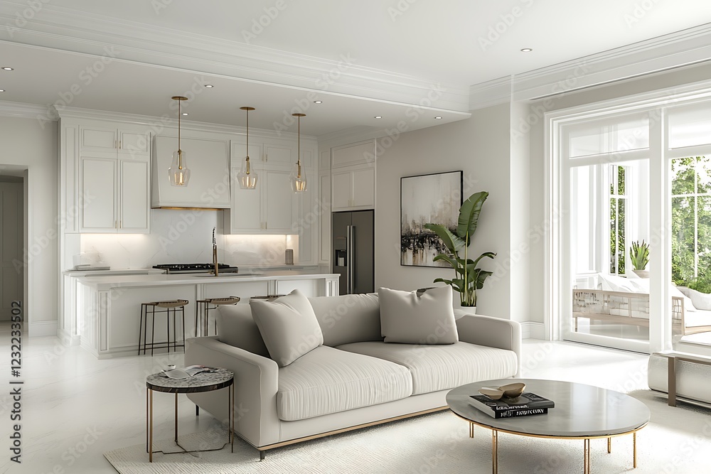 Fototapeta premium A 3D depiction of a gray armchair placed in a bright white living room, offering plenty of space for a mockup.
