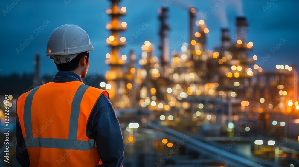 Worker monitoring industrial site surrounded by machinery and illuminated background elements Worker monitoring industrial site surrounded by machinery and illuminated background elements