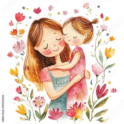 Mommy and daughter Happy Mother's Day vector illustration. Mother's Day greeting card template. Mother holding child daughter on her hands, standing among flowers. Baby girl in red dress