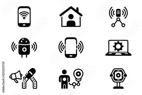 Create a clean, editable line icon set depicting various AI assistants, showcasing diverse styles and functionalities.  Include at least one example icon.