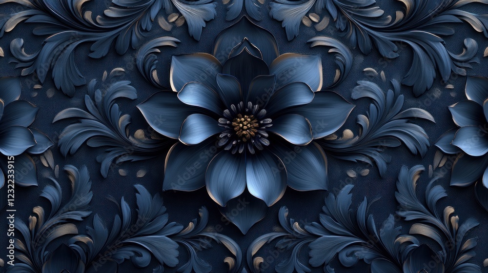 A damask pattern in dark navy and teal, focusing on symmetrical floral designs with subtle texture A damask pattern in dark navy and teal, focusing on symmetrical floral designs with subtle texture