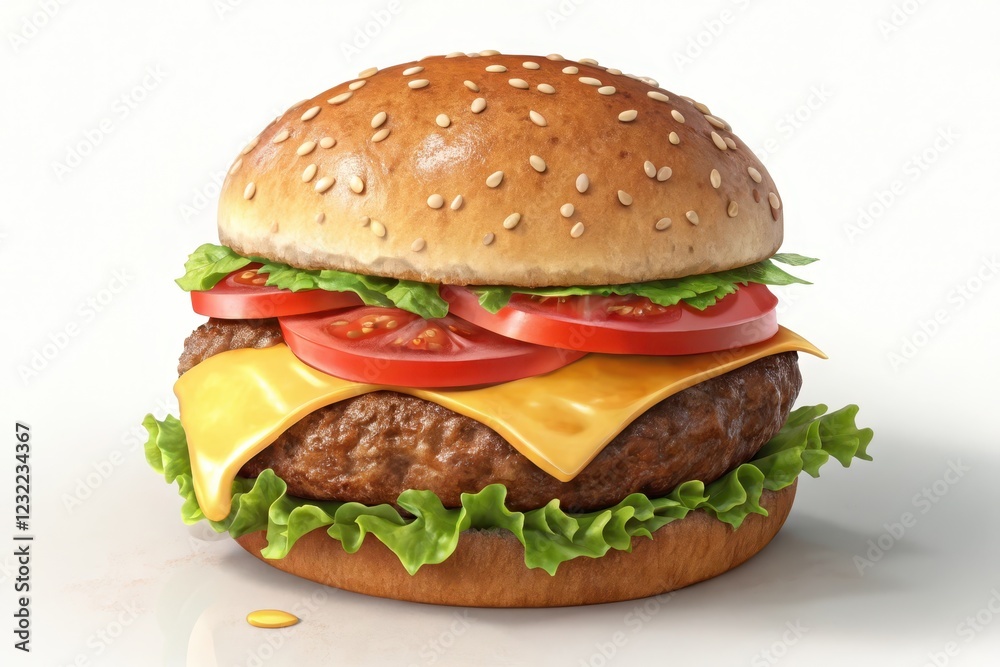A Juicy Cheeseburger with Sesame Seed Bun, Melted Cheese, and Fresh Lettuce and Tomato Slices A Juicy Cheeseburger with Sesame Seed Bun, Melted Cheese, and Fresh Lettuce and Tomato Slices
