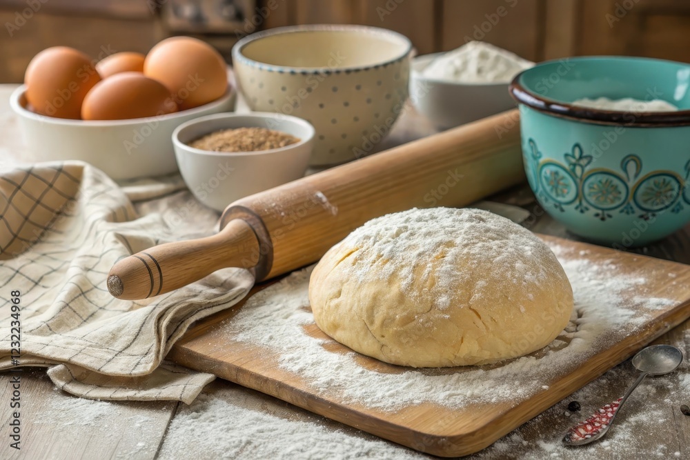 A Rustic Kitchen Scene Featuring Dough Ready for Baking A Rustic Kitchen Scene Featuring Dough Ready for Baking