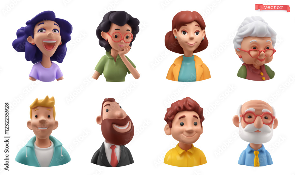 Cartoon character face 3d avatar icon set