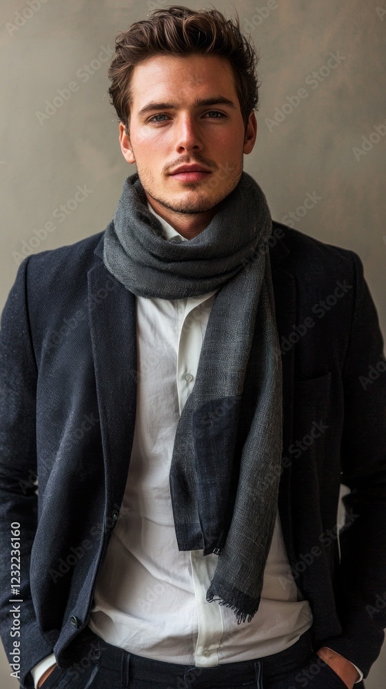 Wearing a tailored blazer and a stylish scarf, the man stands poised against a soft, neutral background, radiating charm and elegance, perfect for a modern fashion statement Wearing a tailored blazer and a stylish scarf, the man stands poised against a soft, neutral background, radiating charm and elegance, perfect for a modern fashion statement