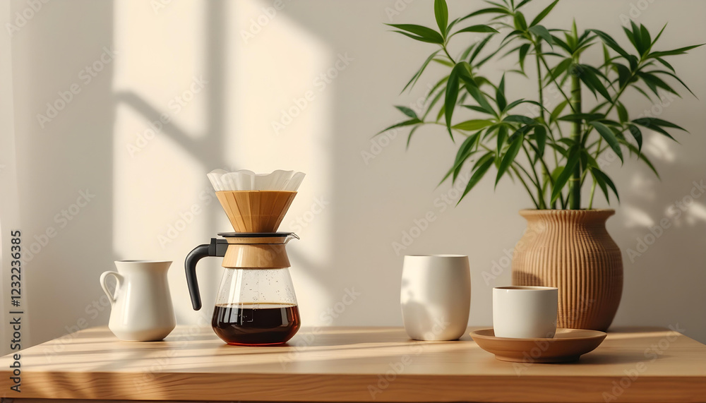 Aesthetic coffee brewing scene in a softly lit room with warm tones, a bushy bamboo plant in a decorative pot, a sleek ceramic pour-over setup on a dark wooden table, and a serene minimalist vibe with Aesthetic coffee brewing scene in a softly lit room with warm tones, a bushy bamboo plant in a decorative pot, a sleek ceramic pour-over setup on a dark wooden table, and a serene minimalist vibe with
