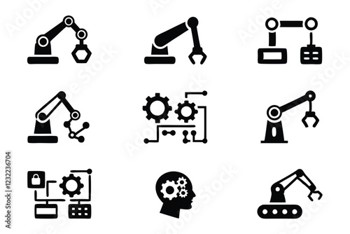Editable icons depicting AI integration in a manufacturing assembly line; robots, automation, data analysis, predictive maintenance, smart factory.