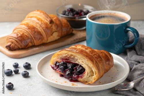 A delightful breakfast featuring a flaky croissant filled with a sweet blueberry jam, accompanied by a steaming cup of coffee and fresh blueberries.