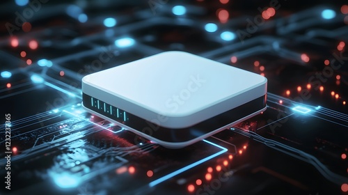 A sleek, futuristic IoT gateway device sitting at the center of a network, connecting various devices, ensuring seamless communication and data flow