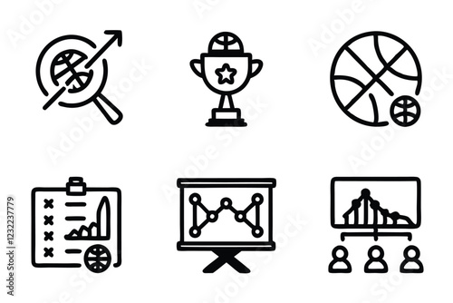 Create a clean, line-art icon set depicting AI applications in sports, specifically performance enhancement (PE). Include diverse sports-related imagery. Editable vector format preferred.