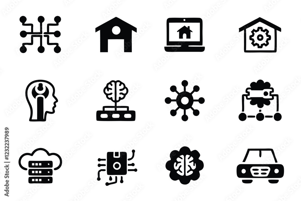 Editable AI-powered supply chain icons logistics, automation, data analytics, warehouse, delivery, tracking, inventory, blockchain. Editable AI-powered supply chain icons logistics, automation, data analytics, warehouse, delivery, tracking, inventory, blockchain.