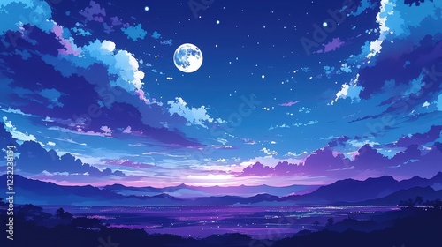 Wallpaper Mural Enchanting Night Sky with Blue and Purple Gradient Clouds, Bright Stars, and Shimmering Moon Over Mountain Landscape at Dusk Torontodigital.ca