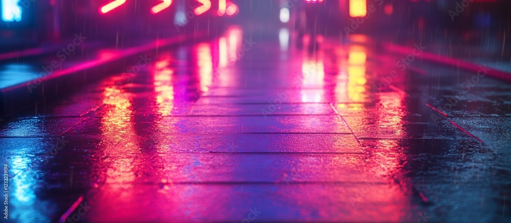 Fototapeta premium Vibrant neon reflections on a wet sidewalk in a bustling city at night creating a moody atmosphere