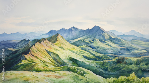 Majestic mountain landscape with rolling hills and valleys in watercolor