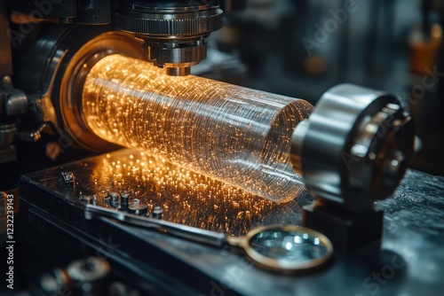Shimmering glass cylinder being crafted on a precision lathe in a workshop during the day