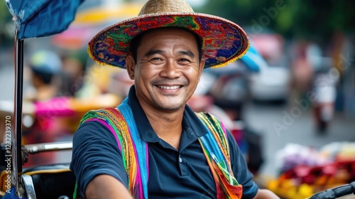 Smiling Man in Colorful Hat, Southeast Asian Street Scene