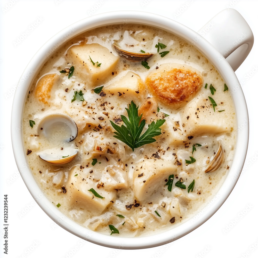 Cup of Clam Chowder, Soup Cup Style, top view, isolated on white, food photo Cup of Clam Chowder, Soup Cup Style, top view, isolated on white, food photo