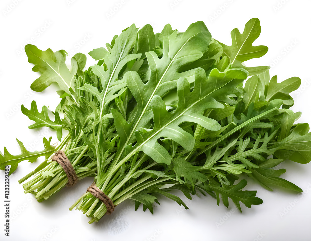 A fresh bunch of arugula, with vibrant green leaves and a tied brown twine, rests on a textured white surface A fresh bunch of arugula, with vibrant green leaves and a tied brown twine, rests on a textured white surface