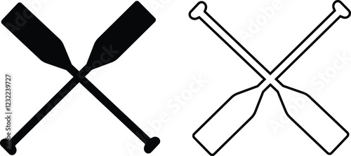 two black Kayak or canoe paddle silhouette of crossed oars rowing sign, icon set symbol collection. flat or line style vector isolated on transparent background. Plastic oars. Water sport