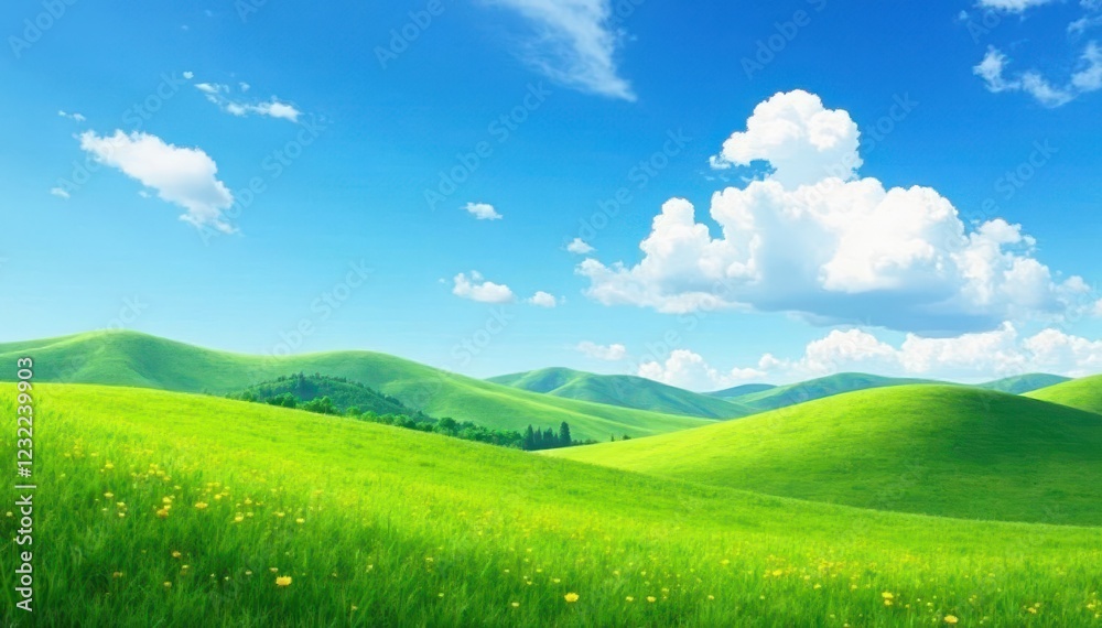 Obraz premium Rolling hills, clear blue sky, scattered cumulus clouds , field, day